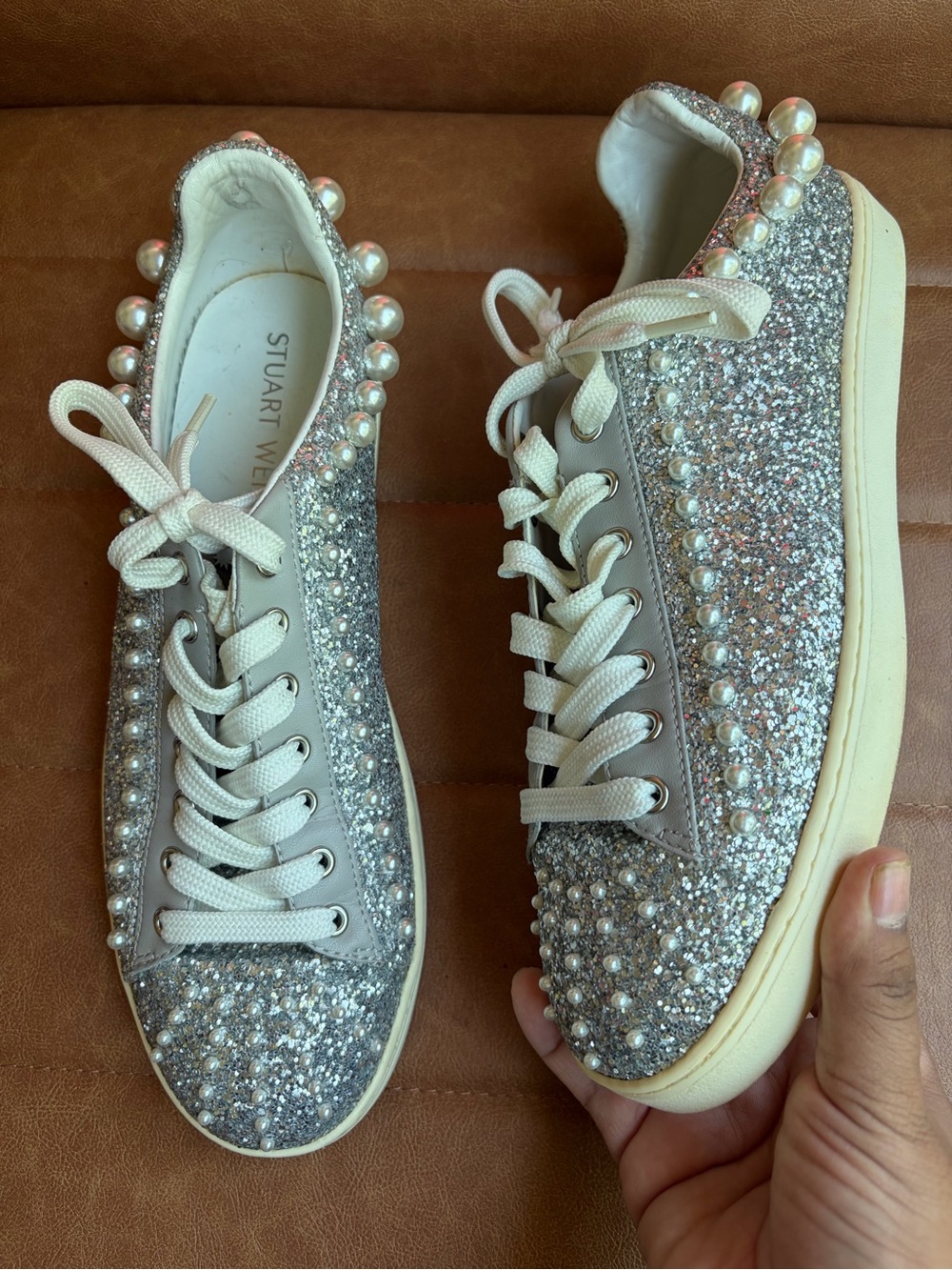 Stuart Weitzman Goldie Pearl-Embellished Glitter Sneakers